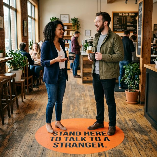 Two young professionals having a friendly conversation on an orange overlap spot in a coffee shop
